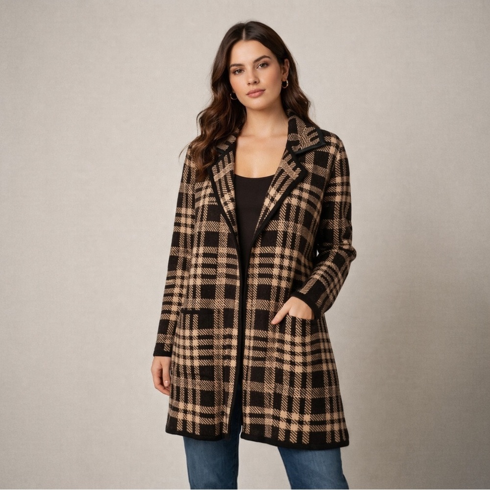 Anne Klein Plaid Sweater Coat Duster Cardigan Black Brown NWT Size L